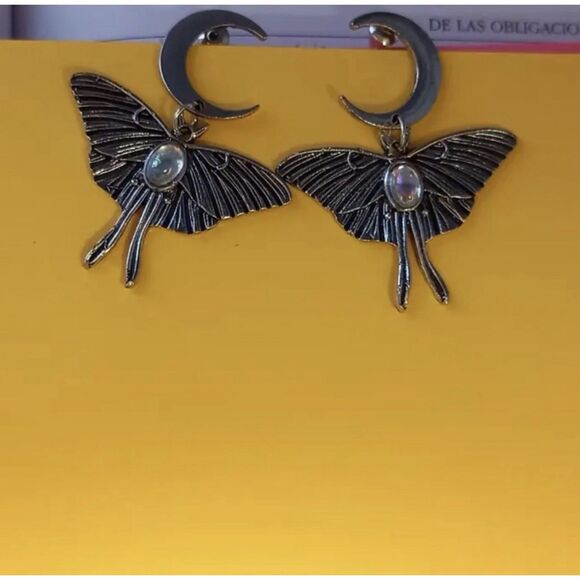 ✨“Celestial Moth & Moon Drop Earrings – Iridescent Gemstone Accent” - Picture 3 of 16